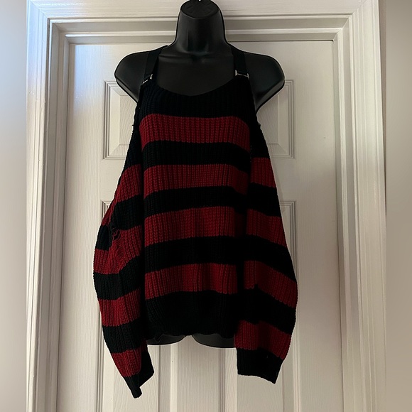 Cold Shoulder Distressed Striped Long Sleeve Sweater - Shein Curve - Picture 2 of 10